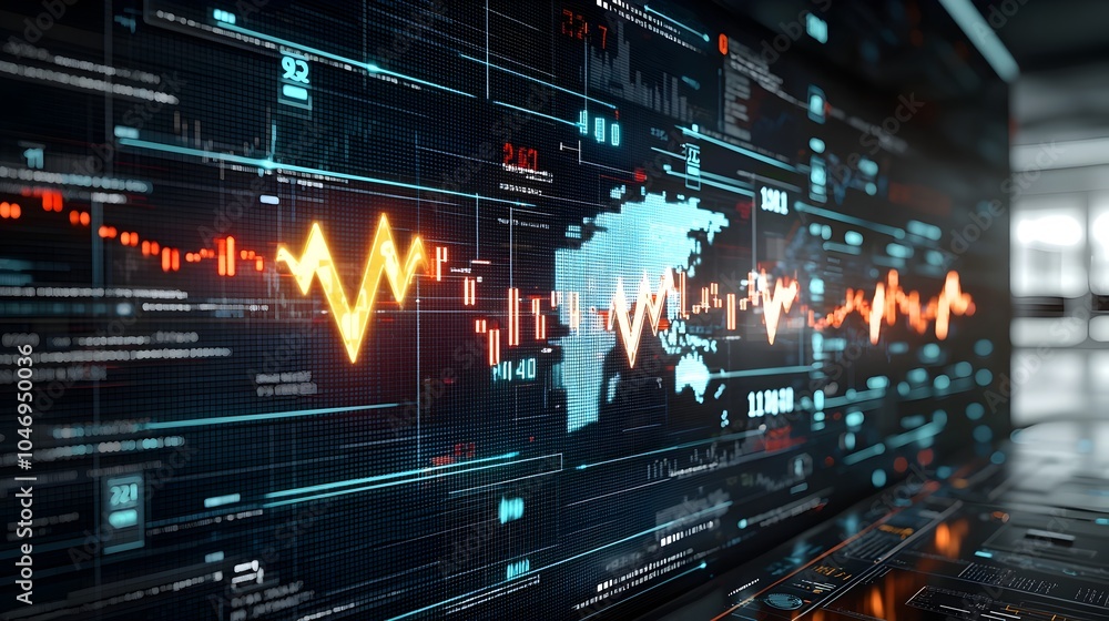 Poster Glowing Arrows Rising Over a World Map Visualizing the Expansion and Progression of the Digital Forex Market and Global Economic Trends