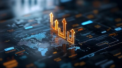 Glowing digital arrows rising over a world map symbolizing the growth and progress of the global forex trading market and international economic expansion