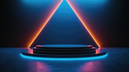 Neon Lit Circular Platform with Glowing Triangles