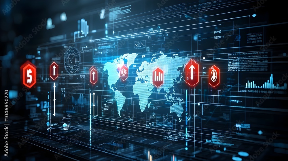 Poster glowing business chart with upward arrows overlaid on a world map representing global forex market g