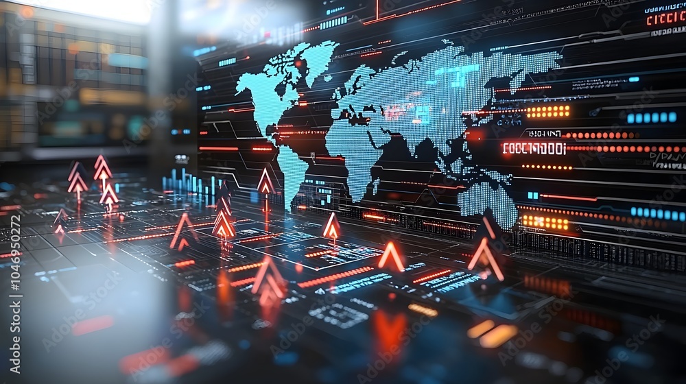 Aufkleber glowing upward arrows overlaid on a world map representing the growth and analytics of the global fo