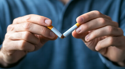 
Closeup of a man breaking a cigarette in half with his hands, symbolizing an end to tobacco smoking addiction. 