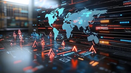 Glowing upward arrows overlaid on a world map representing the growth and analytics of the global forex market on a sleek digital background
