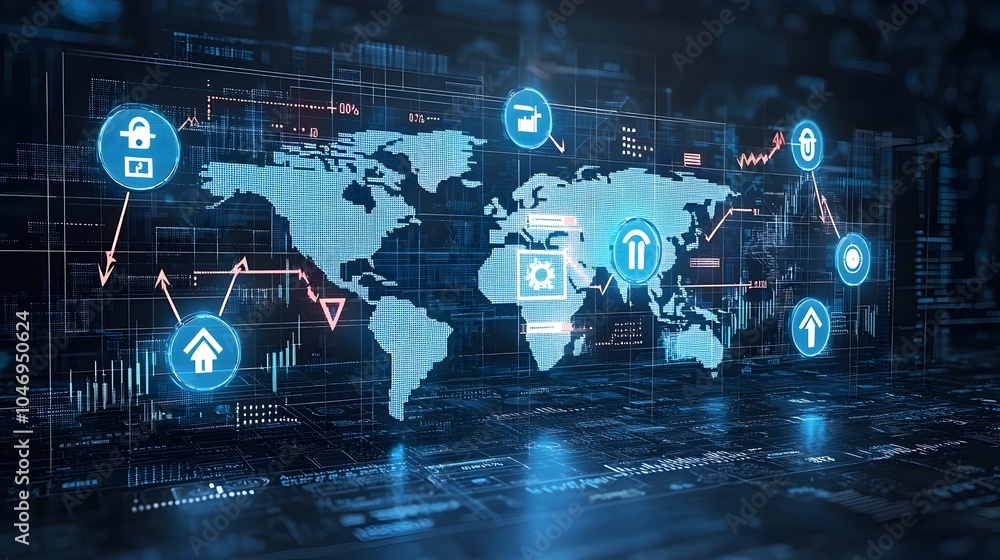 Poster dynamic forex market concept with glowing arrows on world map and business chart overlay representin