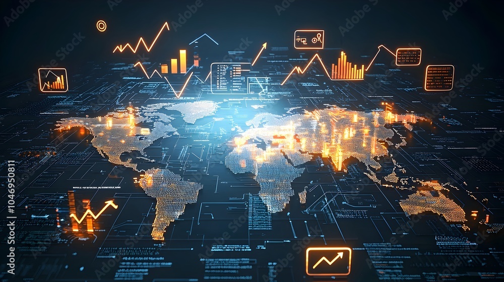 Poster Glowing World Map with Illuminated Arrows and Financial Data Visualization Representing the Dynamic Nature of Global Forex Trading and Market Trends