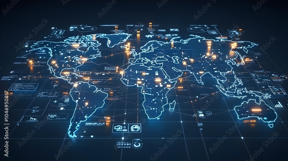 Poster glowing world map with business chart lines and arrows symbolizing creative forex trading and market