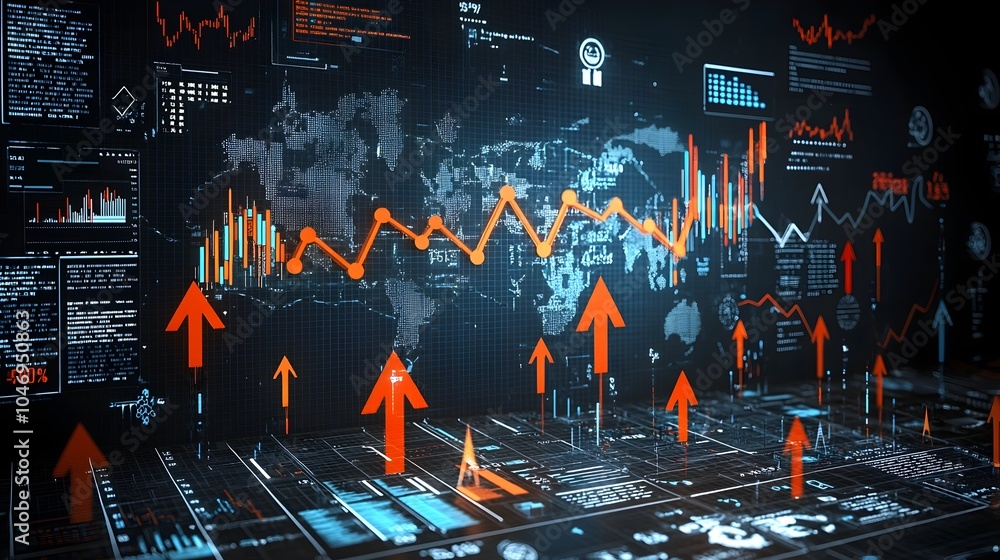 Fototapete Conceptual of creative forex trading and global market movements depicted through a world map with glowing arrows and business chart lines set against a dark background