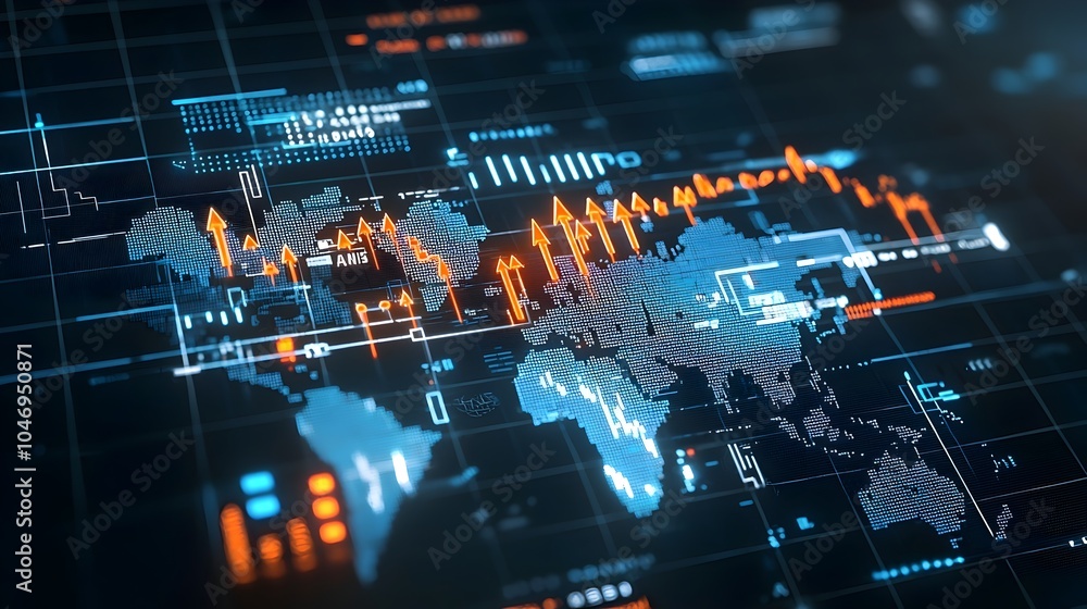 Leinwandbilder Glowing World Map with Illuminated Arrows and Dynamic Business Chart Lines Symbolizing Creative Forex Trading and Fluid Market Movements on a Dark Background