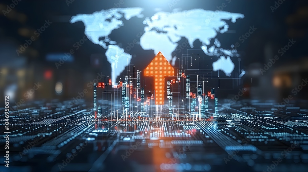 Poster Glowing and dynamic forex arrows rising from a digital business chart overlaid on a world map background representing the global currency trading and financial markets