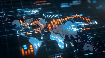 Glowing World Map with Illuminated Arrows and Dynamic Business Chart Lines Symbolizing Creative Forex Trading and Fluid Market Movements on a Dark Background