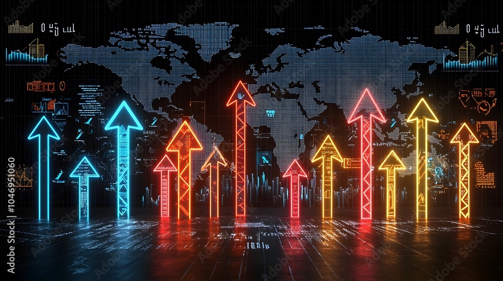 Poster glowing business chart with arrows and world map overlay symbolizing the growth and expansion of the