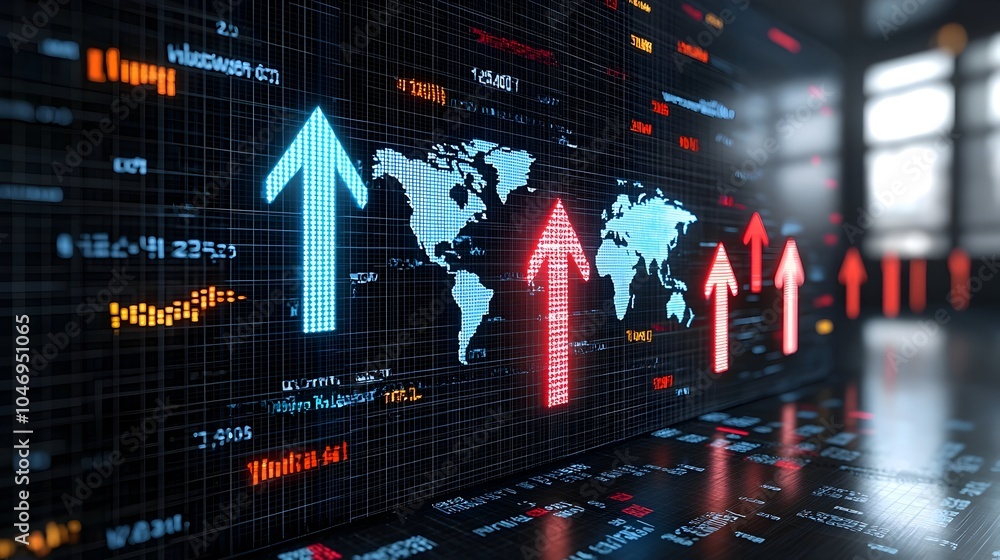 Poster glowing business chart with a world map overlay symbolizing the growth of the global forex market an