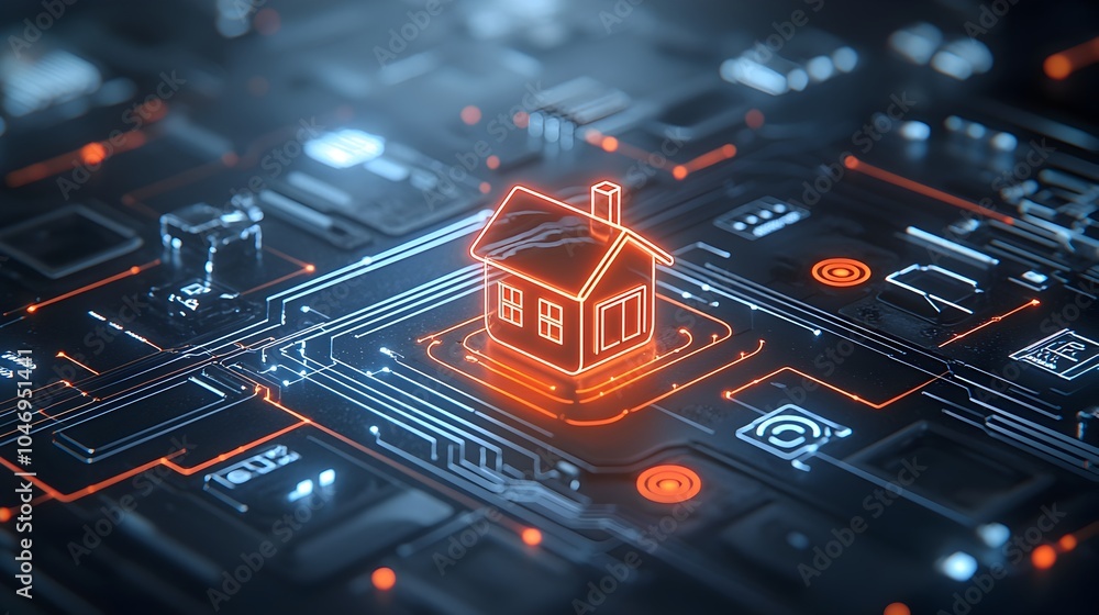 Poster Glowing Digital Home Icon Surrounded by Intricate Circuit Lines and IoT Connections on a Futuristic Dark Background Representing Smart Technology and Innovation