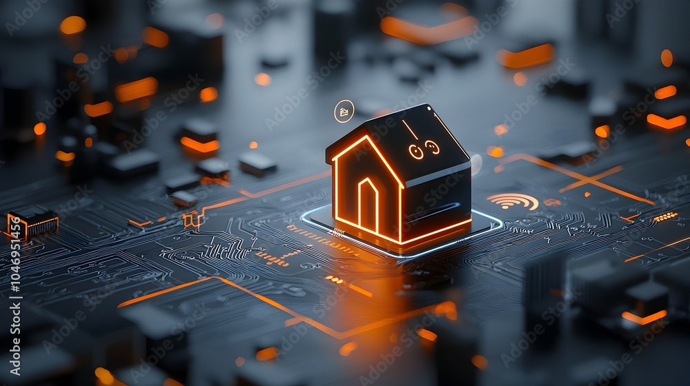 Poster Glowing Digital Home Icon Surrounded by Vibrant Circuit Lines and IOT Connections on a Deep Dark Background Showcasing Futuristic Technology and Smart Device Concepts