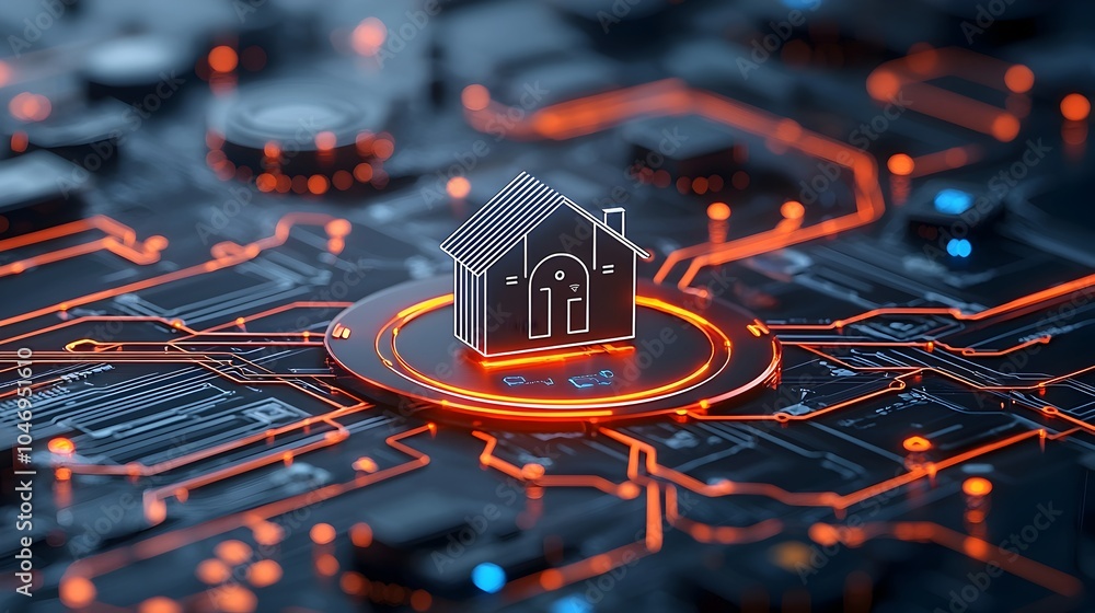 Poster Close up view of a glowing digital home icon surrounded by intricate circuit lines symbolizing the of smart home technology and the Internet of Things IoT on a dark futuristic background