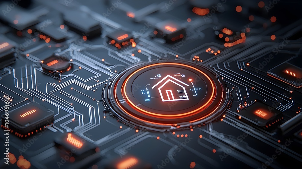 Aufkleber glowing digital home icon surrounded by intricate futuristic circuit board patterns symbolizing the 