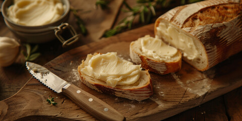 Freshly baked sliced homemade bread with melting butter and a knife on rustic wooden cutting board 