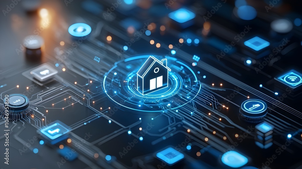 Fototapete Illuminated 3D rendering of a smart home icon surrounded by blue digital circuits symbolizing the intelligent management and of an Internet of Things IoT system in a modern