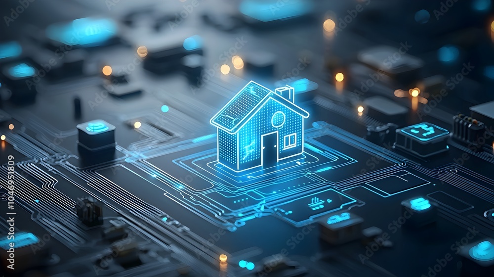 Poster 3D rendering of a smart home icon illuminated by blue digital circuits symbolizing the of intelligent system management and the Internet of Things IoT on a modern dark background