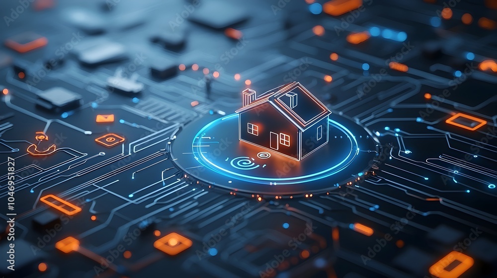 Poster Glowing digital home icon surrounded by complex circuit lines and internet of things IOT connections on a dark futuristic background showcasing the concept of smart home technology and automation