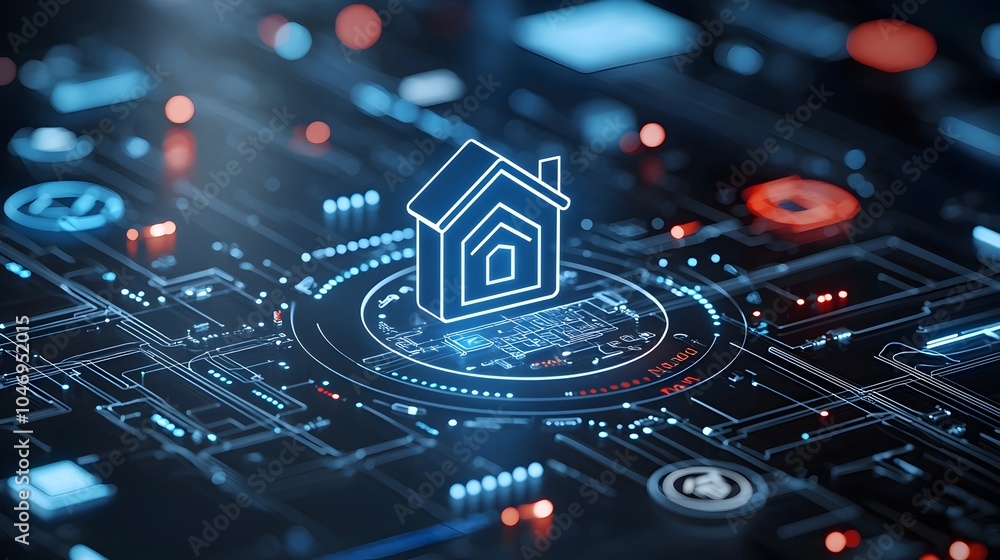 Fototapete Glowing Digital Home Icon Centered in a Complex Network of Circuit Lines Symbolizing the Concept of Smart Home Technology and the Internet of Things IoT on a Sleek Black Background