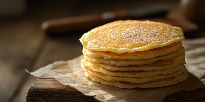 a stack of pancakes on a wooden table