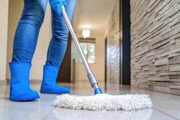 Professional Woman in Blue Jeans Cleaning Hallway Floor with Rag and Fluffy Duster