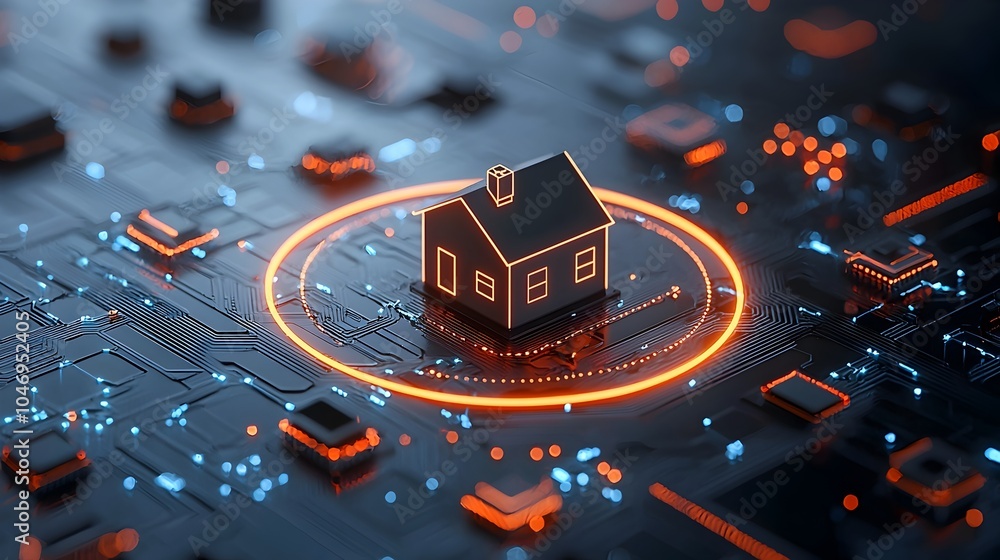 Poster of a glowing house icon encircled by interconnected circuit lines representing the concept of a smart home system and IoT Internet of Things technology set against a dark futuristic background