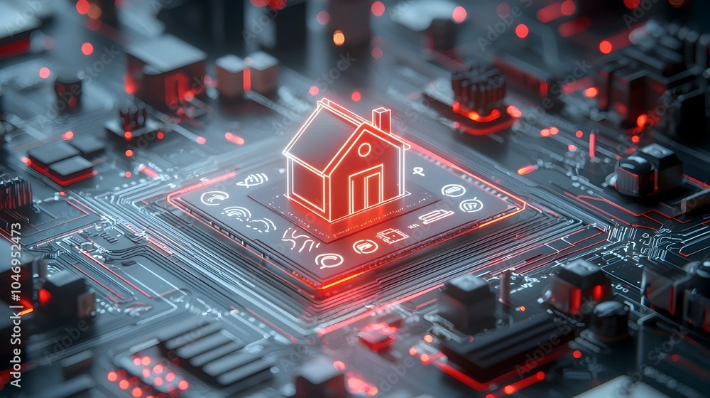 Poster Innovative 3D of a futuristic smart home technologies system with a central glowing house icon surrounded by digital circuit lines on a dark background showcasing the concept of integrated