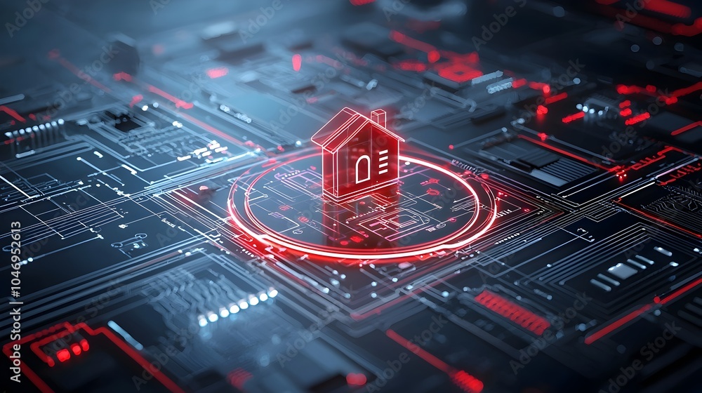 Poster Innovative 3D depicting smart home technologies with a central glowing house icon surrounded by futuristic circuit lines and digital elements on a deep dark background