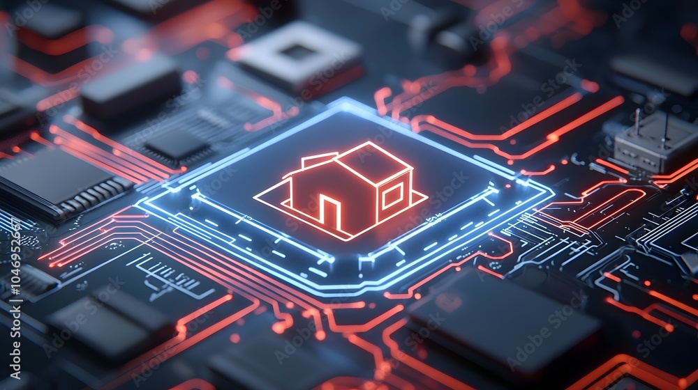 Aufkleber Bright digital home icon connected by intricate glowing circuit lines against a dark sleek and modern background showcasing the concept of smart home technology and automation