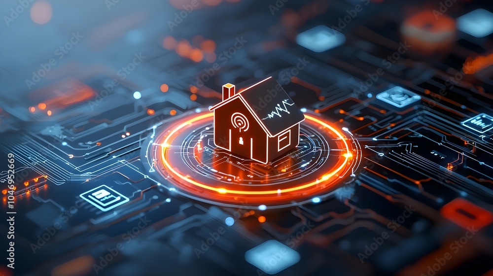 Poster Smart Home System Concept with Glowing House Icon Encircled by Interconnected Circuit Lines Representing IOT Technology and Digital Automation on a Dark Futuristic Background