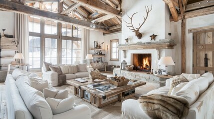 A cozy and rustic mountain cabin-inspired lounge design with a white canvas backdrop, Accentuated with exposed wooden beams and cozy fireplace, Mountain cabin chic style