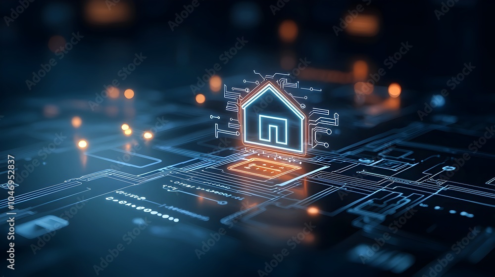 Poster innovative smart home technology concept featuring a bright digital home icon connected by intricate