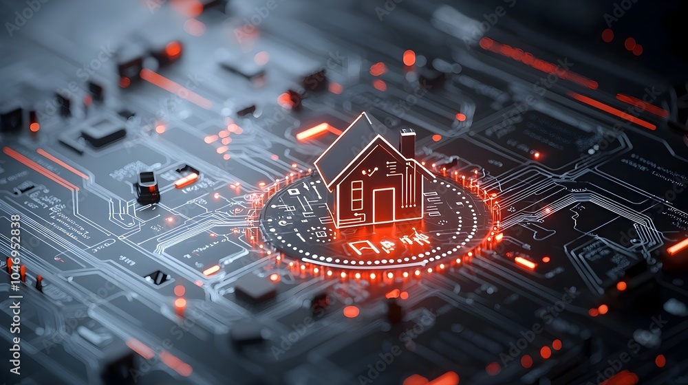 Fototapete Glowing smart home icon surrounded by bright circuit lines on a dark tech inspired background representing the advanced internet of things IOT technology and intelligent home automation systems