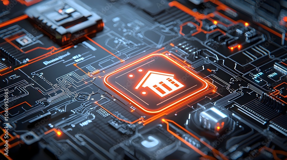 Poster Close up of a glowing smart home icon surrounded by bright circuit lines representing the advanced Internet of Things IOT technology and digital automation on a dark tech inspired background