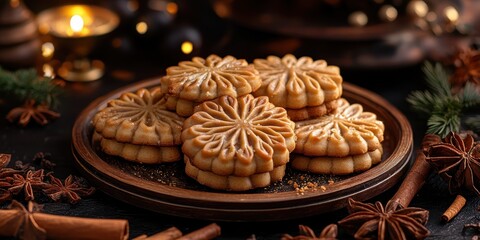 Fototapeta premium a plate of cookies with cinnamon and star anise