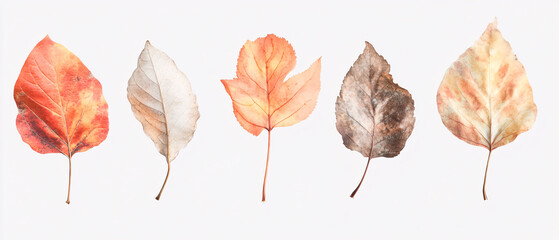 Five Delicate Dried Autumn Leaves Isolated on White Background
