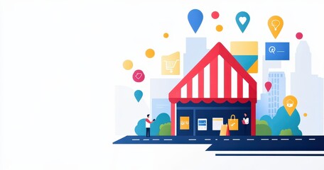 Shopping Concept with Storefront and Location Icons