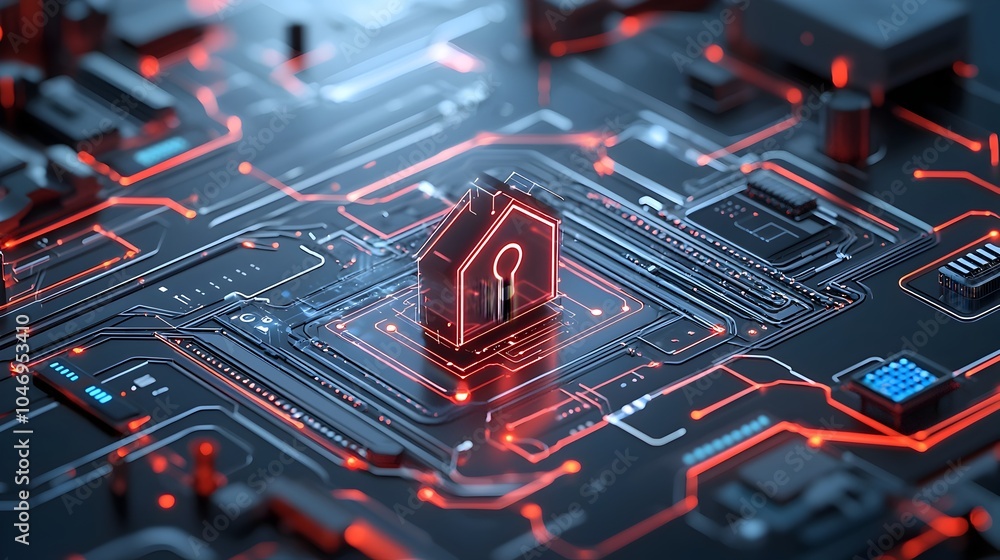 Poster Close up 3D rendering of a glowing smart home technology symbol surrounded by dynamic circuit lines and IOT connections on a sleek dark futuristic background