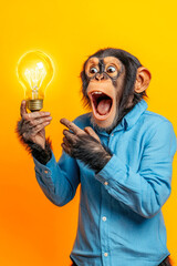 A chimpanzee in a blue shirt holds a glowing lightbulb, its expression of surprise and excitement highlighting the concept of ideas and inspiration.