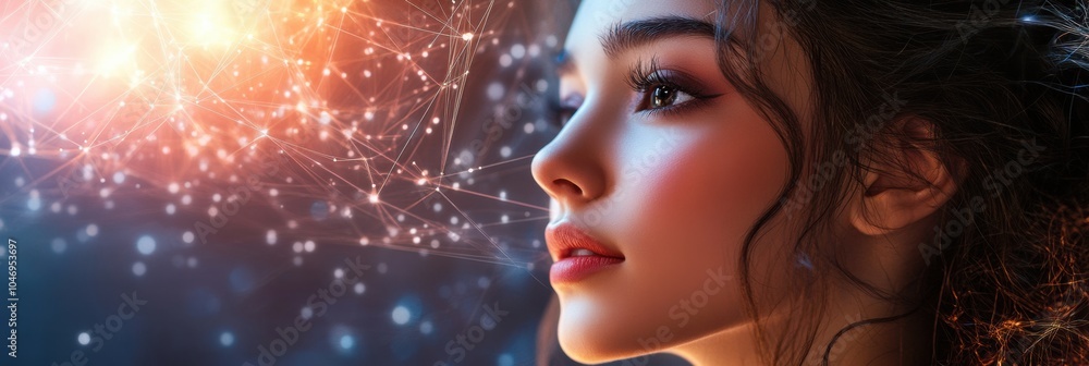 Poster a beautiful young woman contemplates her surroundings while illuminated by a dynamic background of i