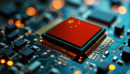 A China themed chip is embedded on a circuit board with illuminated pathways, highlighting innovation in electronics and cutting-edge hardware.