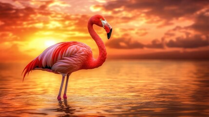 Fototapeta premium A single flamingo standing in shallow water, silhouetted against a fiery sunset.