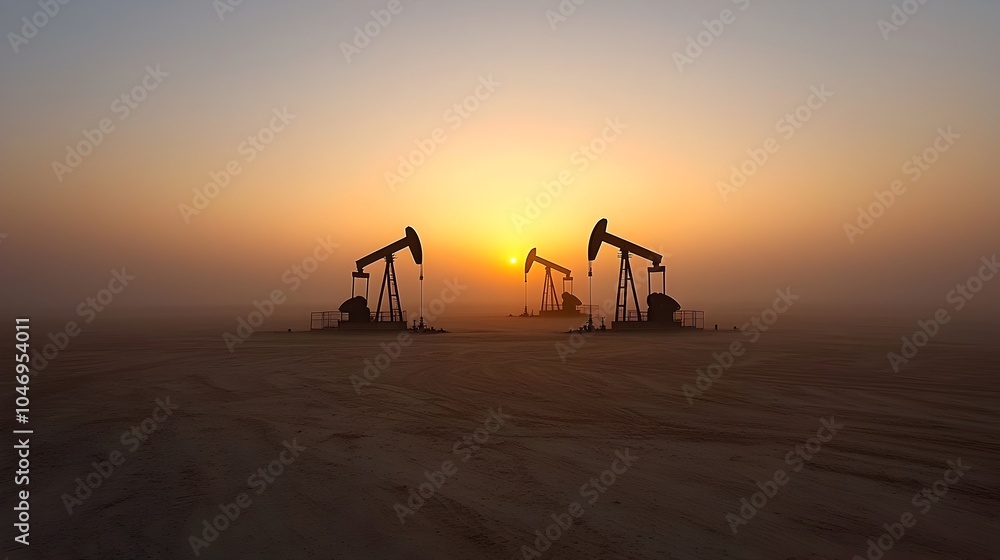 Poster dramatic visual of oil mining merging seamlessly with a growing forex chart silhouetted by the setti