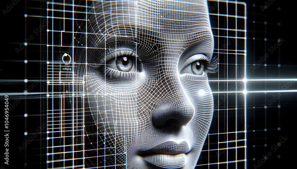 Poster 3d macro close-up ai facial recognition grid scanning human face digital grid lines identity verific