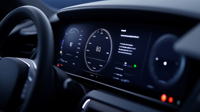 A car dashboard with a digital screen showing the speedometer at 80 mph