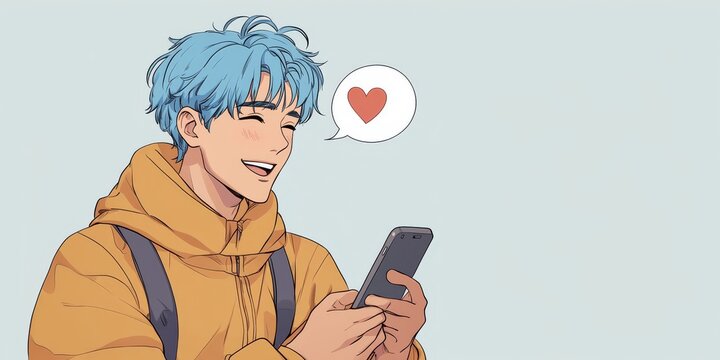 Anime-style blue-haired young man with phone and love bubble