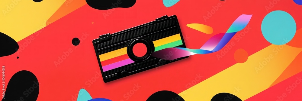 Poster a vintage camera on a red background with colorful shapes and a ribbon.