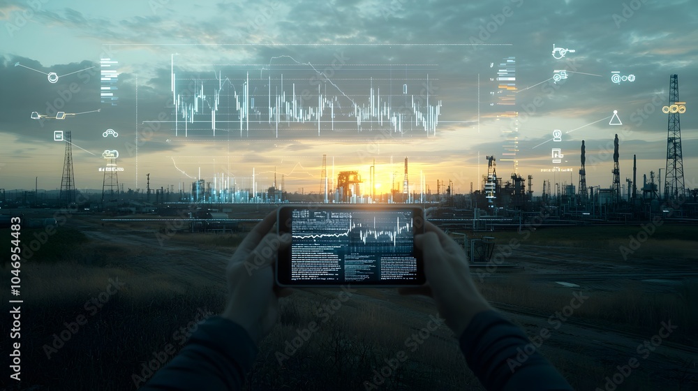 Aufkleber dramatic double exposure image blending an oil field with a rising or setting forex chart set agains